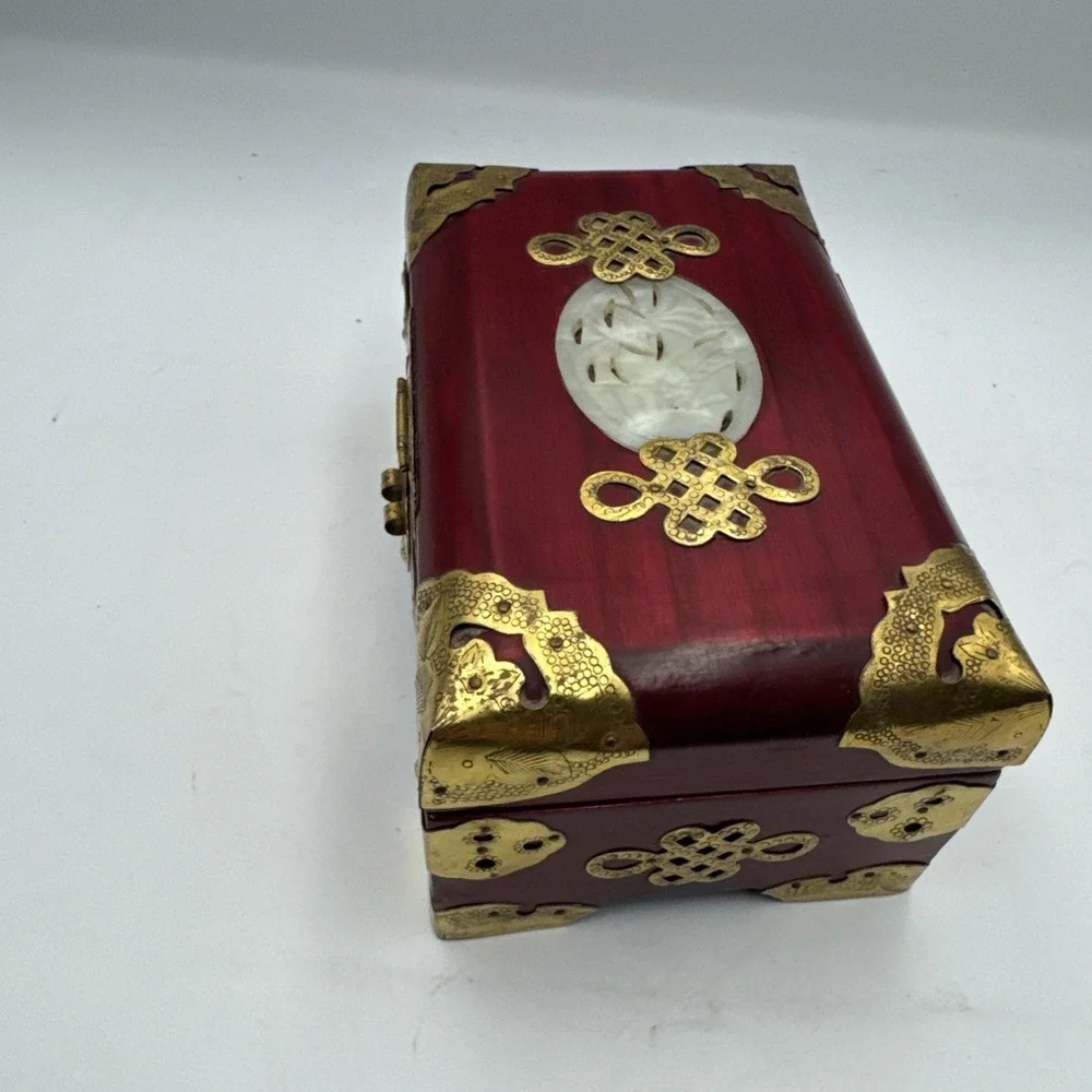 Vintage Chinese Rosewood Jewelry Box Jade Inlay Brass & Silk Accents